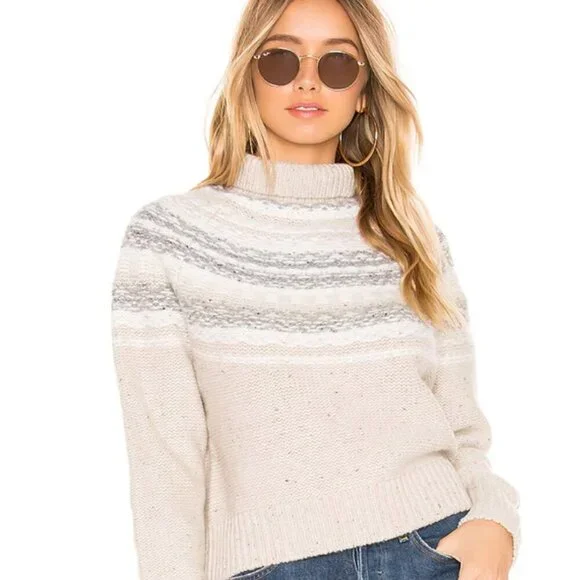 Vince Fair Isle Cropped Wool Cashmere Turtleneck Sweater In Oatmeal size Medium - Picture 12 of 12